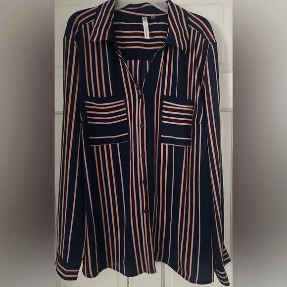 NY Collection Navy Blue w/Pink and Maroon Stripes Button Front Blouse XL - Picture 2 of 4